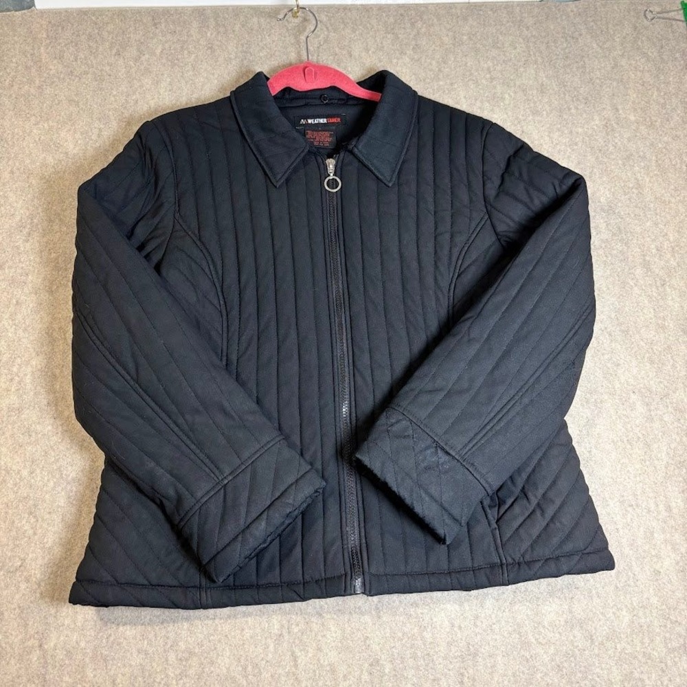 Weather Tamer Jacket Womens L Black Polyurethane Quilted Full Zip Classic Chic